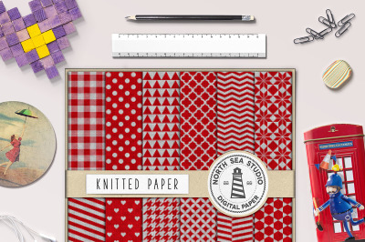 Knitted Digital Paper, Red And White Patterns