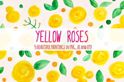 55 Yellow Roses, Leaves and Spots - Watercolor Elements