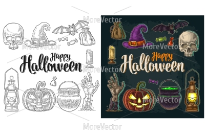 Happy Halloween calligraphy lettering and Set engraving 
