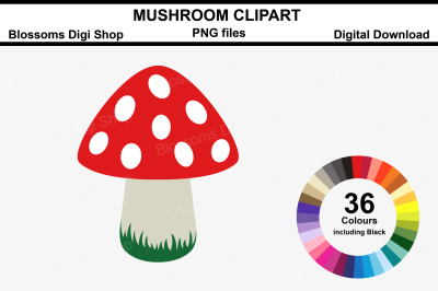 Mushroom Clipart, 36 multi colours PNG files