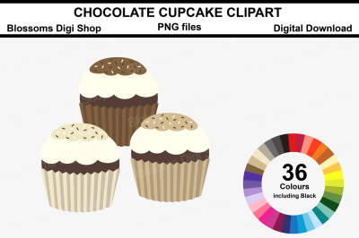 Chocolate Cupcake Clipart, 36 multi colours PNG files
