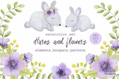 Watercolor hares and flowers
