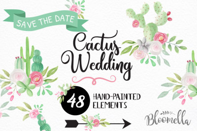 Cactus Watercolor Wedding Package Hand Painted and Hand Drawn Pieces