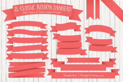 Classic Ribbon Banner Clipart in Coral