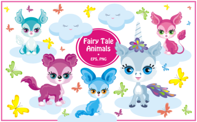 Fairy tale animals and unicorn. Vector clip art