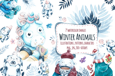 Watercolor Winter animals.