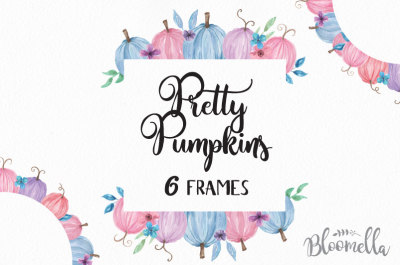 Pretty Pumpkin Watercolor Frames & Borders Hand Painted Pink Purple Blue Fall 