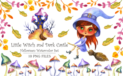 Little witch and dark castle. Halloween watercolor set