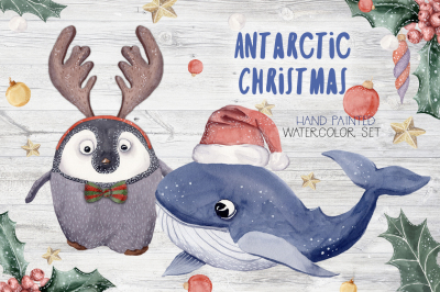 Antarctic Christmas Watercolor Clipart Set