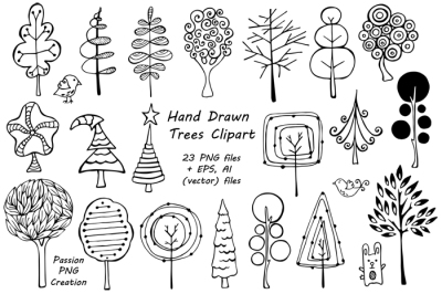 Doodle Trees Clipart, Hand drawn tree clip art, Digital tree
