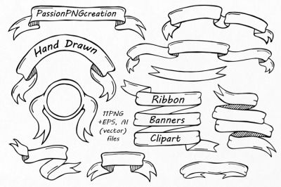 Hand Drawn Ribbons Banners Clipart set includes