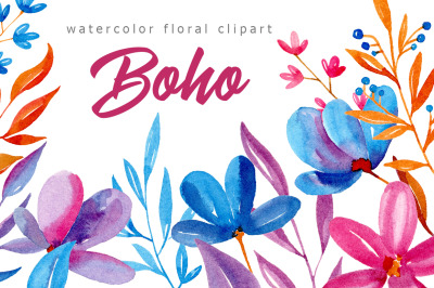 Boho watercolor flowers blue and purple pink