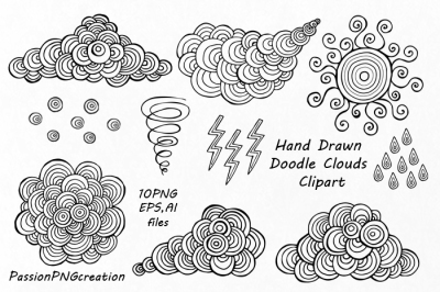 Hand drawn Doodle Clouds Clipart, Doodle sun clip art