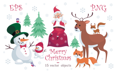 Merry Christmas. Santa Claus, cute animals and snowmen