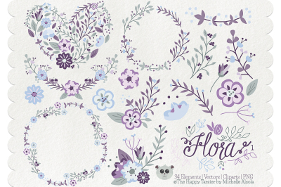 Flower Clipart and Vector &ndash; Flora 01 &ndash; Purple &amp; Light Blue Flower Floral Wreaths, Bouquets