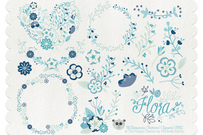 Flower Clipart and Vector &ndash; Flora 04 &ndash; Blue &amp; Teal Flower Floral Wreaths, Bouquets