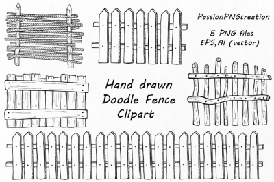 Doodle Fence Clipart, Hand drawn Wooden fence clip art