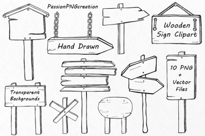 Hand Drawn Wooden Sign Clipart, Doodle signs clip art