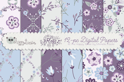 Flower Digital Papers and Seamless Pattern Designs &ndash; Flora 01 &ndash; Purple, Pink and Light Blue Flower Floral Patterns Backgrounds