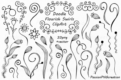 Doodle Flourish Swirls Clipart, Hand Drawn Herbs Clipart