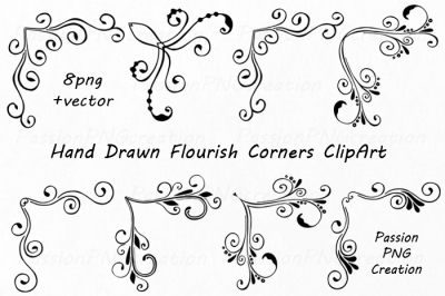 Hand Drawn Flourish Corners Clipart, Flourish Swirls, Borders Calligraphy