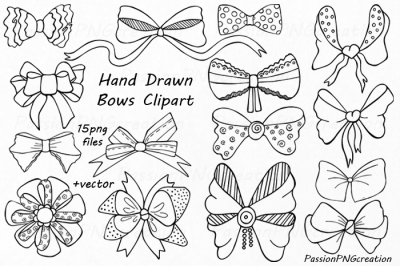 Hand Drawn Bows Clipart, Ribbons, PNG, EPS, AI, vector, Tied Bow, Digital clip art