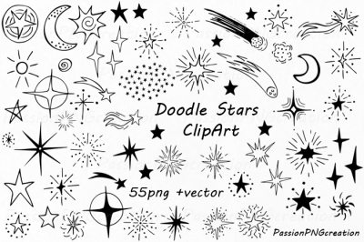 Doodle Stars Clipart, Hand Drawn stars, digital star clip art