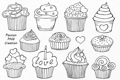 Outline Cupcake Clipart, Doodle Cupcakes Clip art, Hand drawn cupcake clip art
