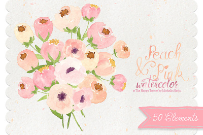 Watercolor Flower Clipart &ndash; Peach &amp; Pink Watercolour Flower Floral Wreaths, Bouquets, Heart, Wedding