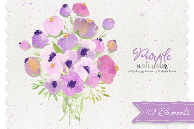Watercolor Flower Clipart &ndash; Purple Watercolour Flower Floral Wreaths, Bouquets, Heart, Wedding