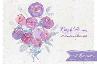 Watercolor Flower Clipart &ndash; Purple Peonies Watercolour Flower Floral Wreaths, Bouquets, Heart, Wedding