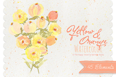 Watercolor Flower Clipart &ndash; Yellow &amp; Orange Watercolour Flower Floral Wreaths, Bouquets, Heart, Wedding