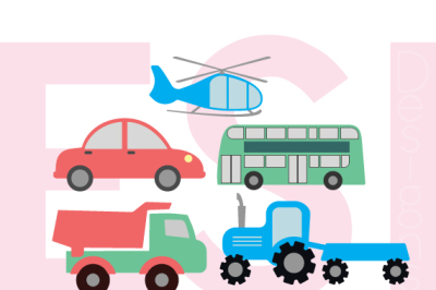 Transport Design Set - SVG, DXF, PNG, EPS - Cutting Files - Car, Bus, Tractor, Truck, Helicopter.