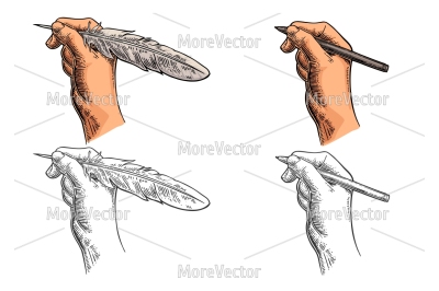 Female hand holding a goose feather and pencil. 