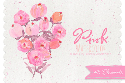 Watercolor Flower Clipart &ndash; Pink Watercolour Flower Floral Wreaths, Bouquets, Heart, Wedding