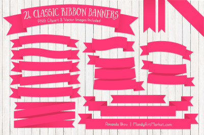 Classic Ribbon Banner Clipart in Hot Pink