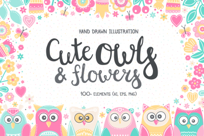 Owls And Flowers. Vector Clip Art.