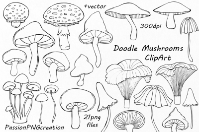 Doodle Mushrooms Clipart, Digital mushrooms clip art