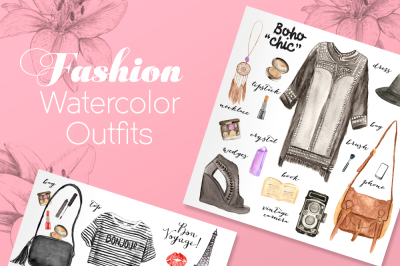 100 watercolor fashion elements