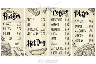 Restaurant or cafe menu with price. Best burger, Hotdog, Coffee, Pizza