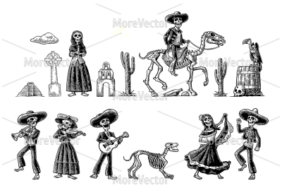 The skeleton in Mexican national costumes dance, praying, galloping on horse, play the guitar, violin, trumpet