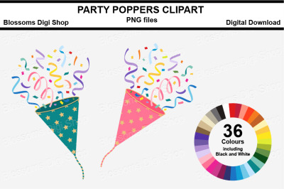 Stars Party Poppers Clipart, 36 multi colours PNG files