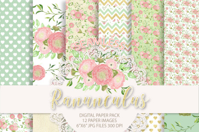 Watercolor Ranunculus flowers digital paper, Flower background, Pink Floral patter, dots pattern, seamless pattern, Repeatable Digital Paper