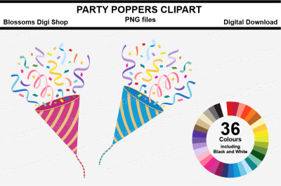 Stripes Party Poppers Clipart, 36 multi colours PNG files