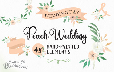 Peach And White Wedding Flower Clipart Package Banners Florals Wreaths 