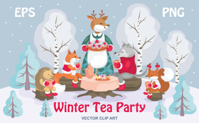 Winter tea party. Vector clip art.