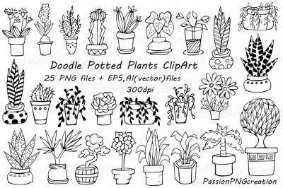 Doodle potted plants clipart, hand drawn plants,  Potted Succulent