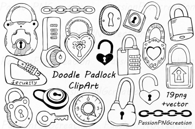 Doodle Padlock clipart, Hand drawn lock clip art