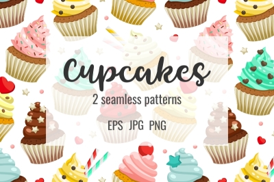 Seamless pattern of yummy colored cupcakes