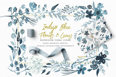 Indigo Blue Florals and Leaves